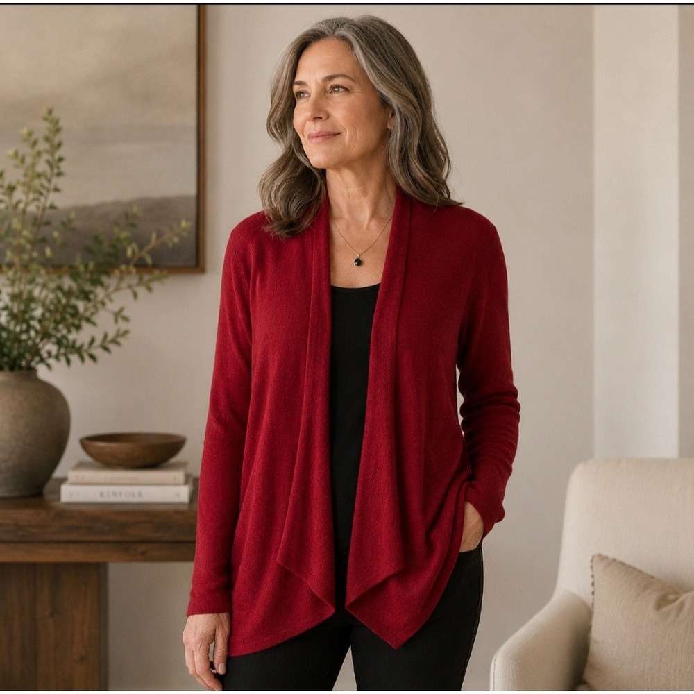 Eileen Fisher 100% Wool Open Front Cardigan Sweater L Red Waterfall Drape Italy